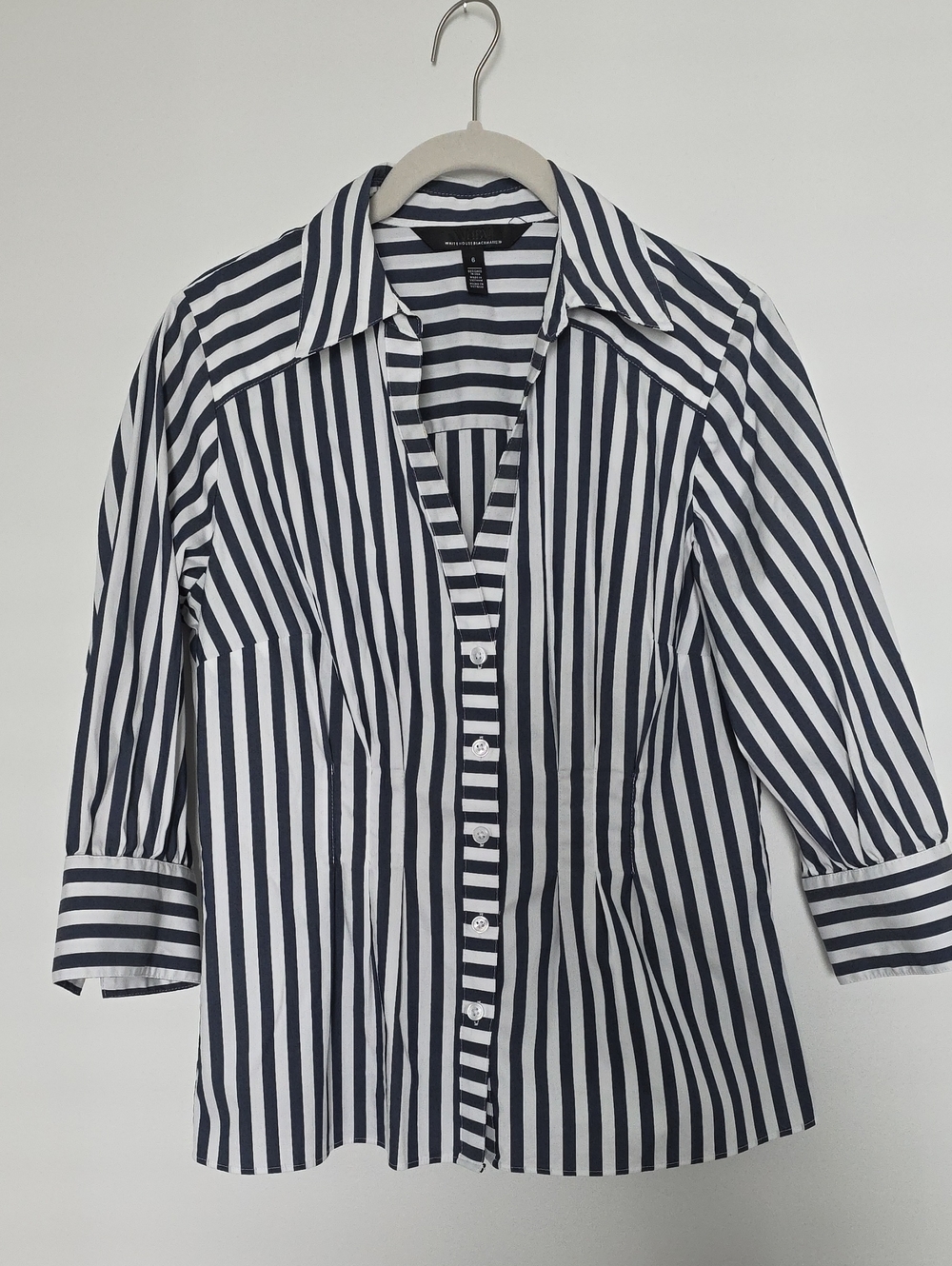 White House Black Market Navy and White Striped Button-Up Blouse